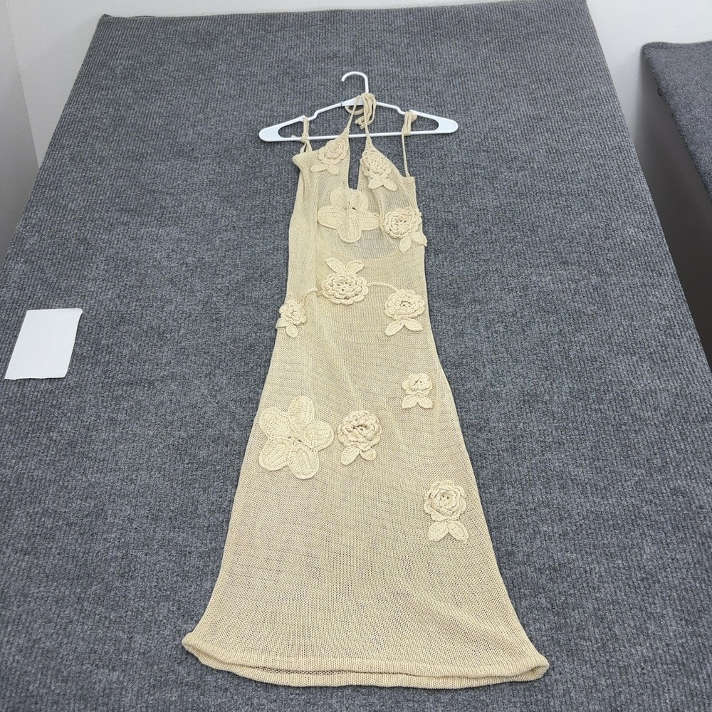 Vintage Dress Womens 12.5x41 Cream Crochet Floral Halter Backless Boho Festival